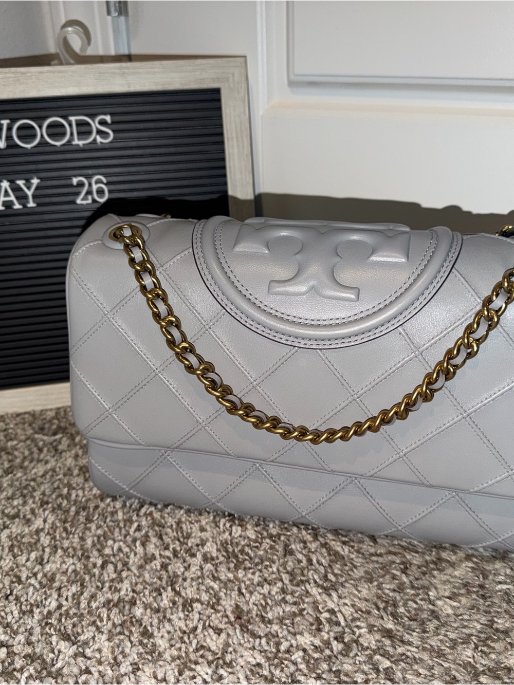 Tory Burch Quilted Leather Fleming Shoulder Bag in Light Gray with Gold Chain